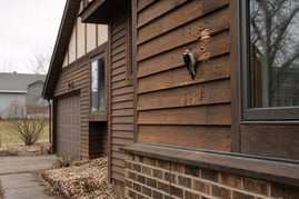 Cedar Siding House With Woodpecker In Midwestern Snow