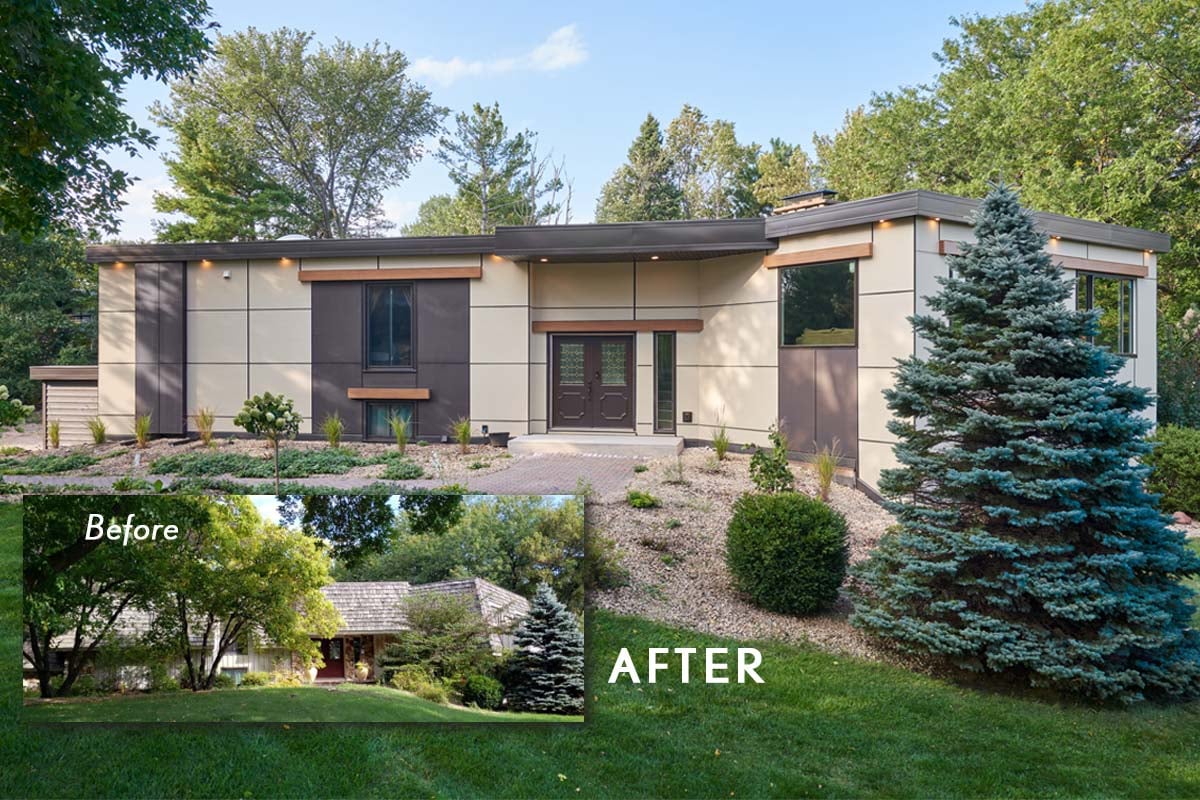 Siding Hardie Panel Cobblestone, Metal Soffits EDCO Prism Enduragrain Guiness, James Hardie Reveal Panel, Windows Lindsay Pinnacle, Before After